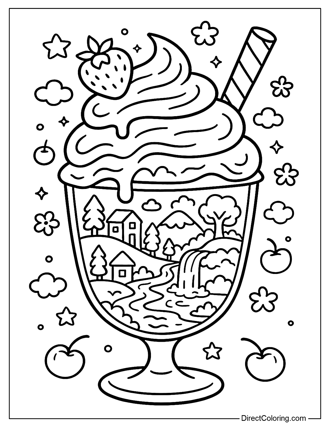 ice cream cup coloring page with a magical village inside